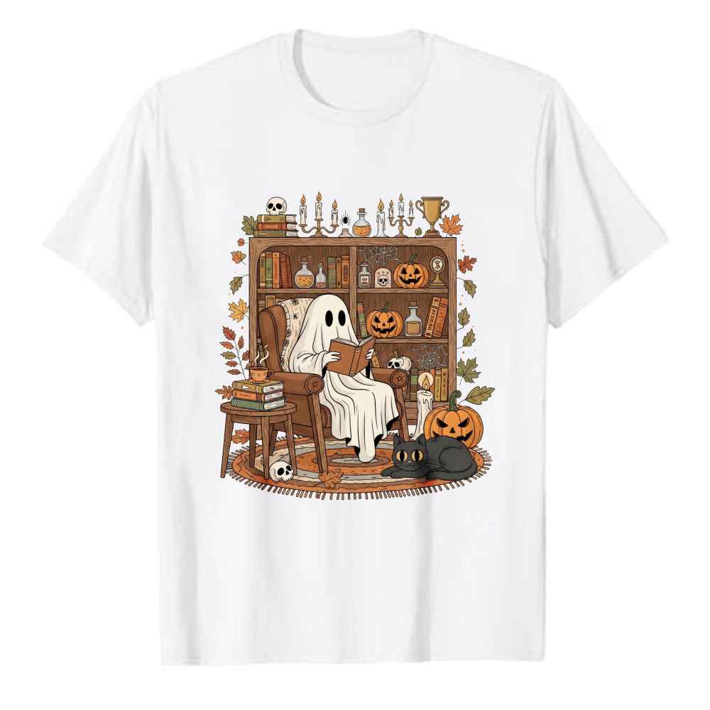 Black Tin Candle - Cute Book‑Reading Ghost Library Halloween T‑Shirt